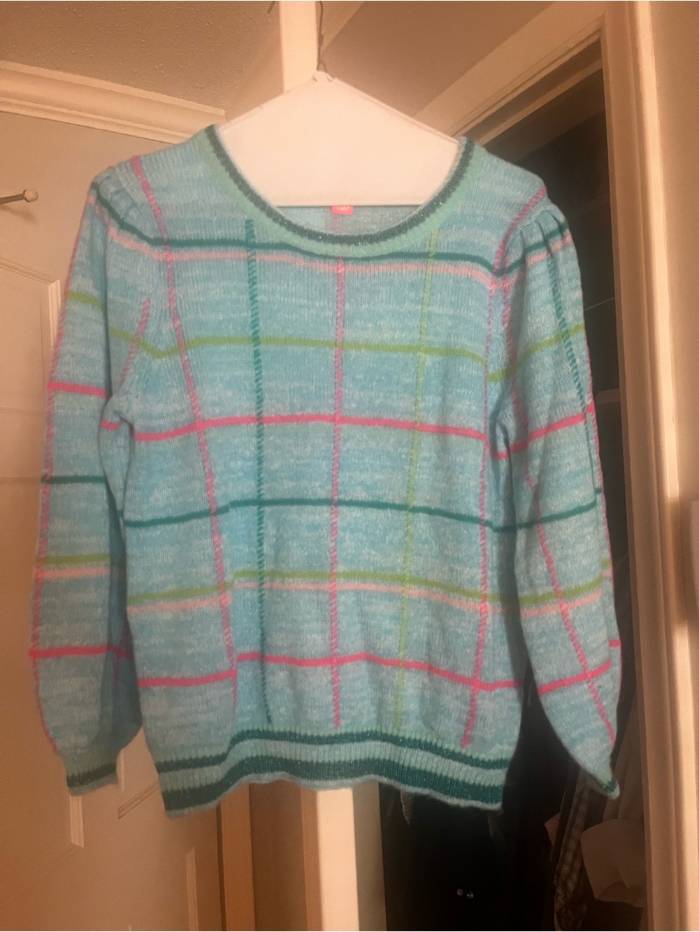 Lilly Pulitzer Aqua Windowpane Plaid Crewneck Sweater